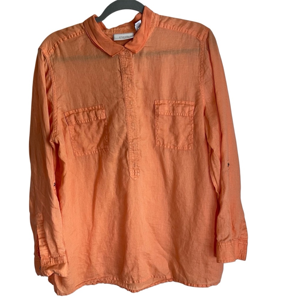 Chico’s Linen Orange Snap Button Shirt Roll Tab Sleeves Size 3 = 16 US